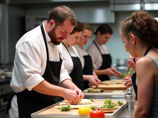 ワークショップで熱心な参加者に料理のテクニックを披露するシェフ。