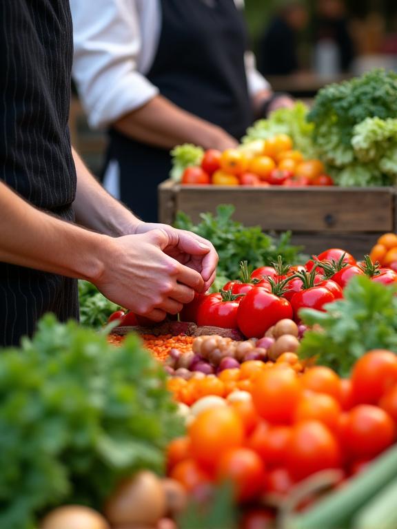 シェフが新鮮な日本の旬野菜を選んでいる様子
